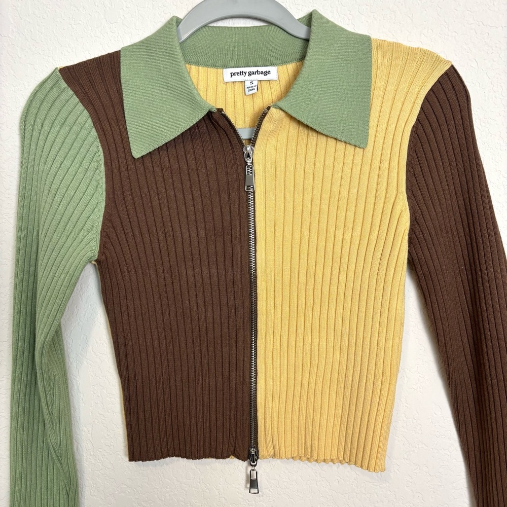 Pretty Garbage Multi Colorblock Cropped Ribbed Zip-Up Cardigan Women’s Small - Picture 3 of 9